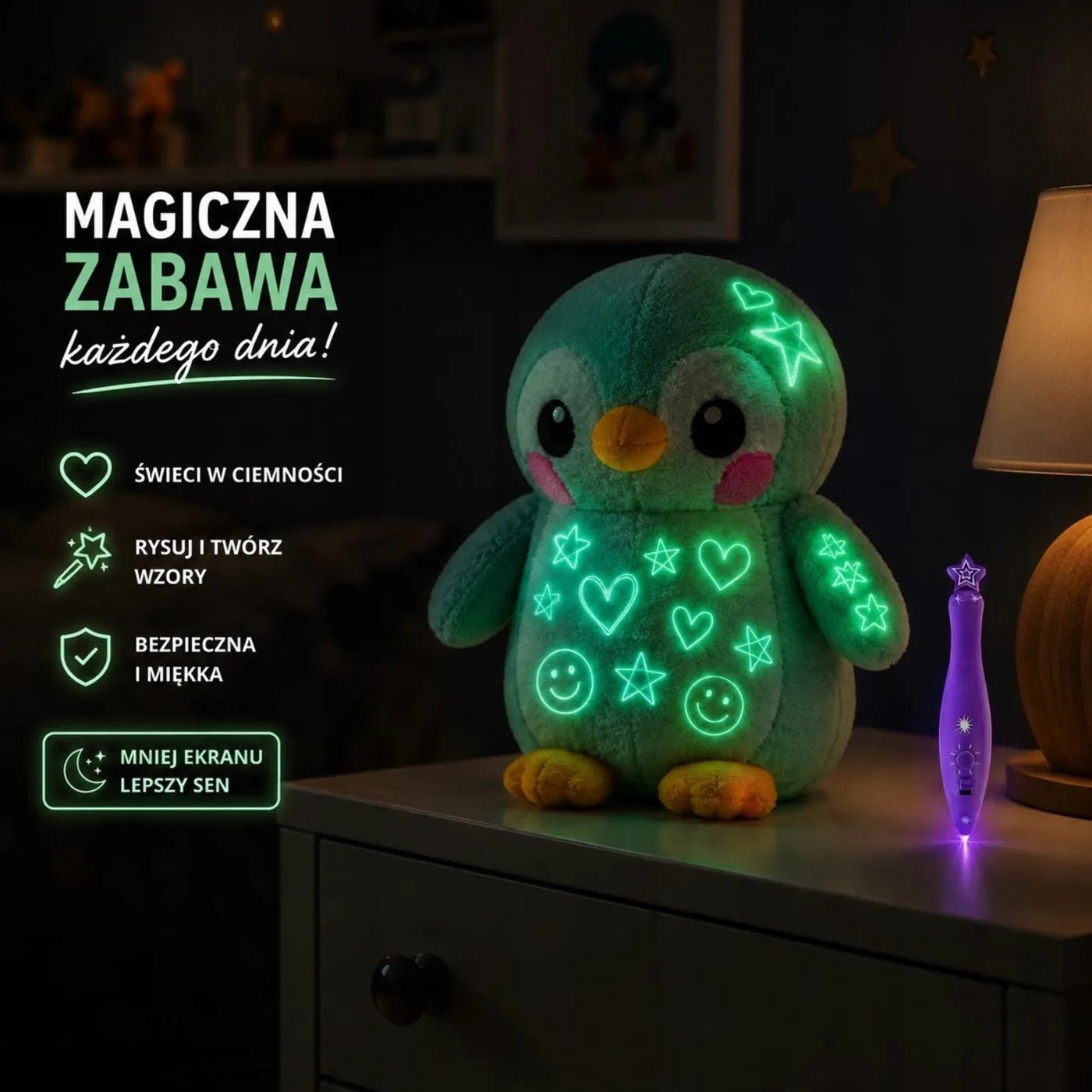 Dziewczynka zasypia przytulona do świecącej maskotki Lumisi